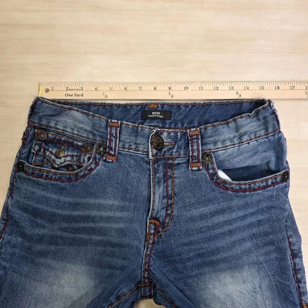 True Religion Ricky Super T Flap Jeans Size 31 Thick Red Contrast‎ Stitch USA